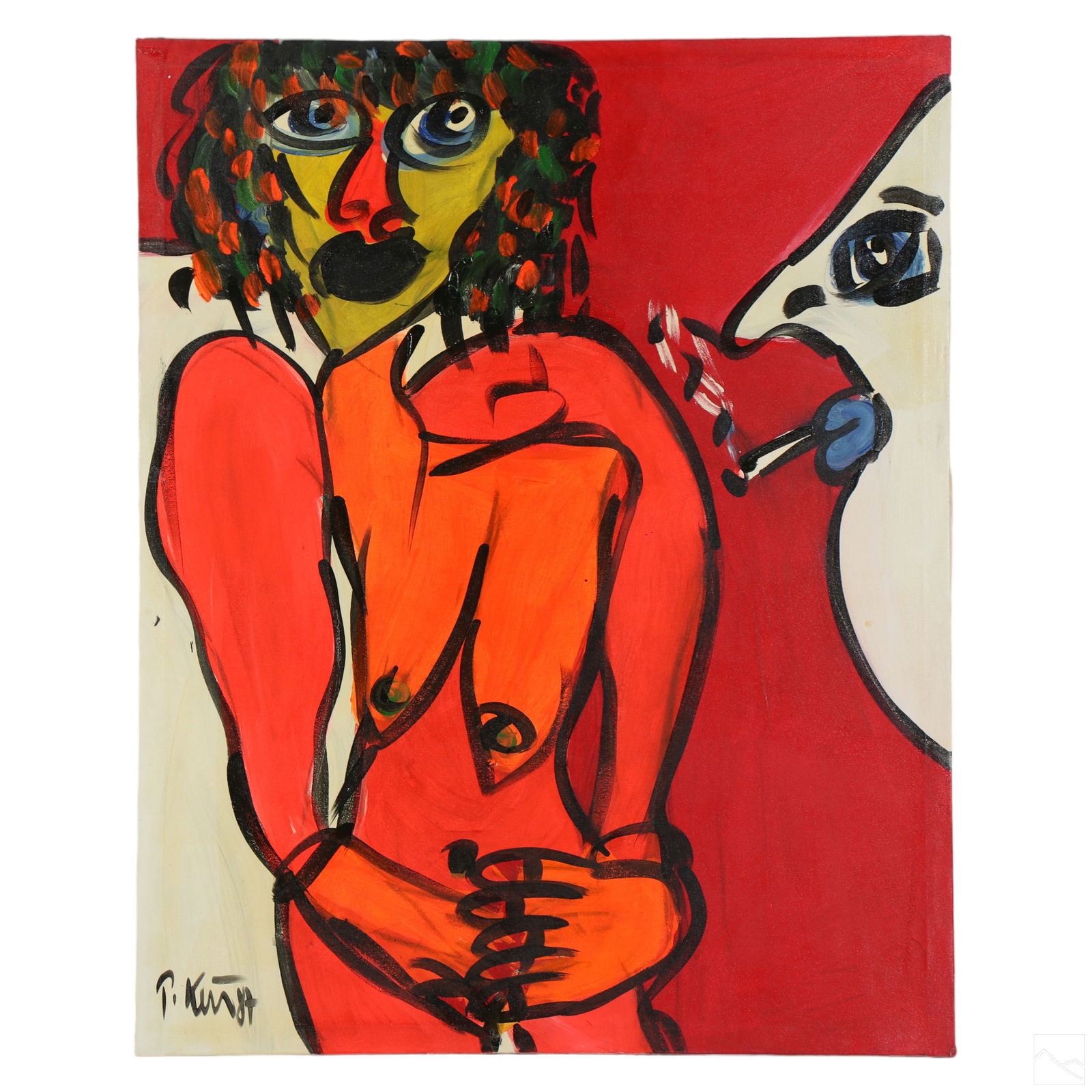 Peter Keil b.1942 Miami People Abstract Painting: Peter Robert Keil (German American, Born 1942). An original oil painting on canvas, Titled "The Miami People". A modern work painted in a Neo Expressionist style, featuring a nude woman figure and smo