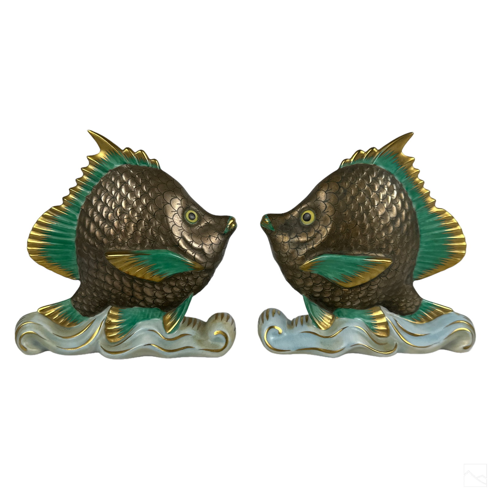 Herend Hungarian Porcelain Pair Green Fish Figures: A pair of Herend tropical fish statues. Crafted of fine quality Hungarian porcelain. Hand painted blue and green, embellished with gold. Impressed model number 5255. stamped with HEREND to underside. 