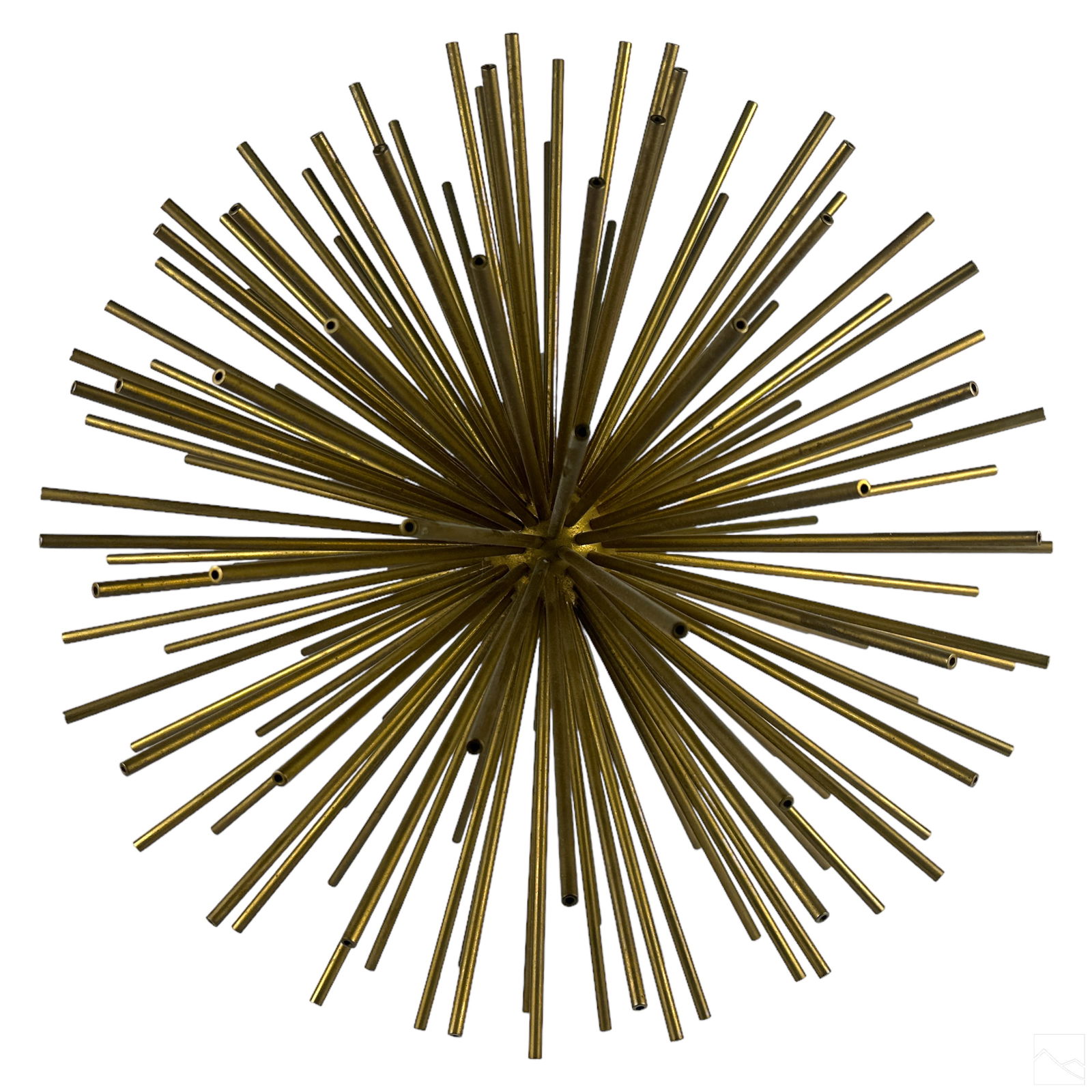 Modernist Brass Metal Sea Urchin Pom Pom Sculpture: A 20th Century brass wall or table art sculpture, seemingly inspired by Bertoia. A modernist work modeled as a sputnik, sea urchin or similar pom pom form, with a profusion of cylindrical brass rods e