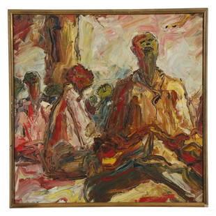 Ablade Glover b.1934 African Figural Oil Painting: Ablade Glover (Ghanaian, born 1934). An original oil painting on canvas. Titled "Prayers to Allah", produced 1979. A figural group in the Expressionist style depicting multiple figures looking towards