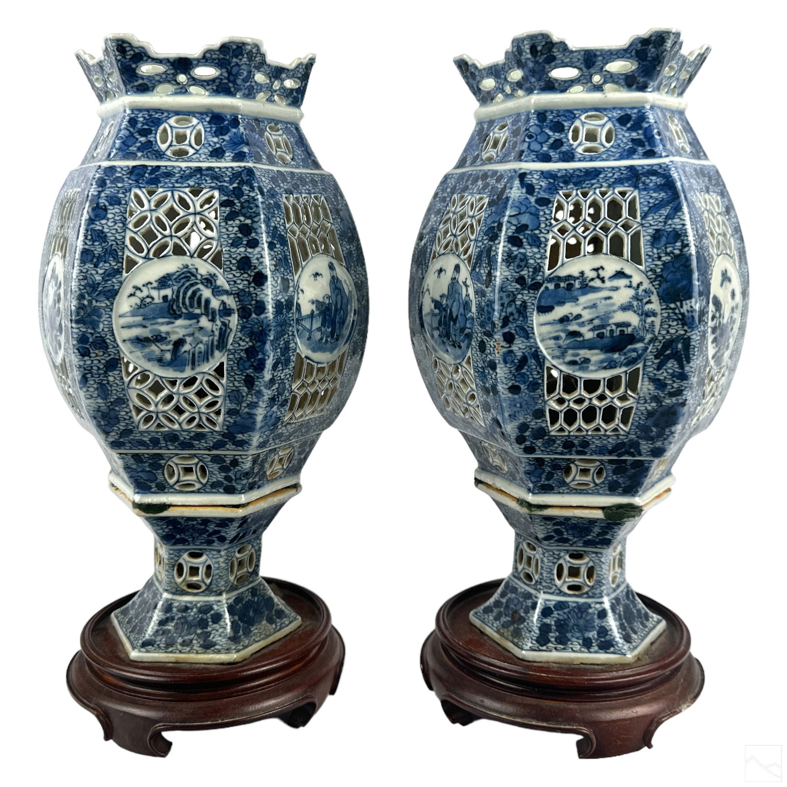 Chinese Pair Blue White Porcelain Pierced Lanterns (1 of 6)