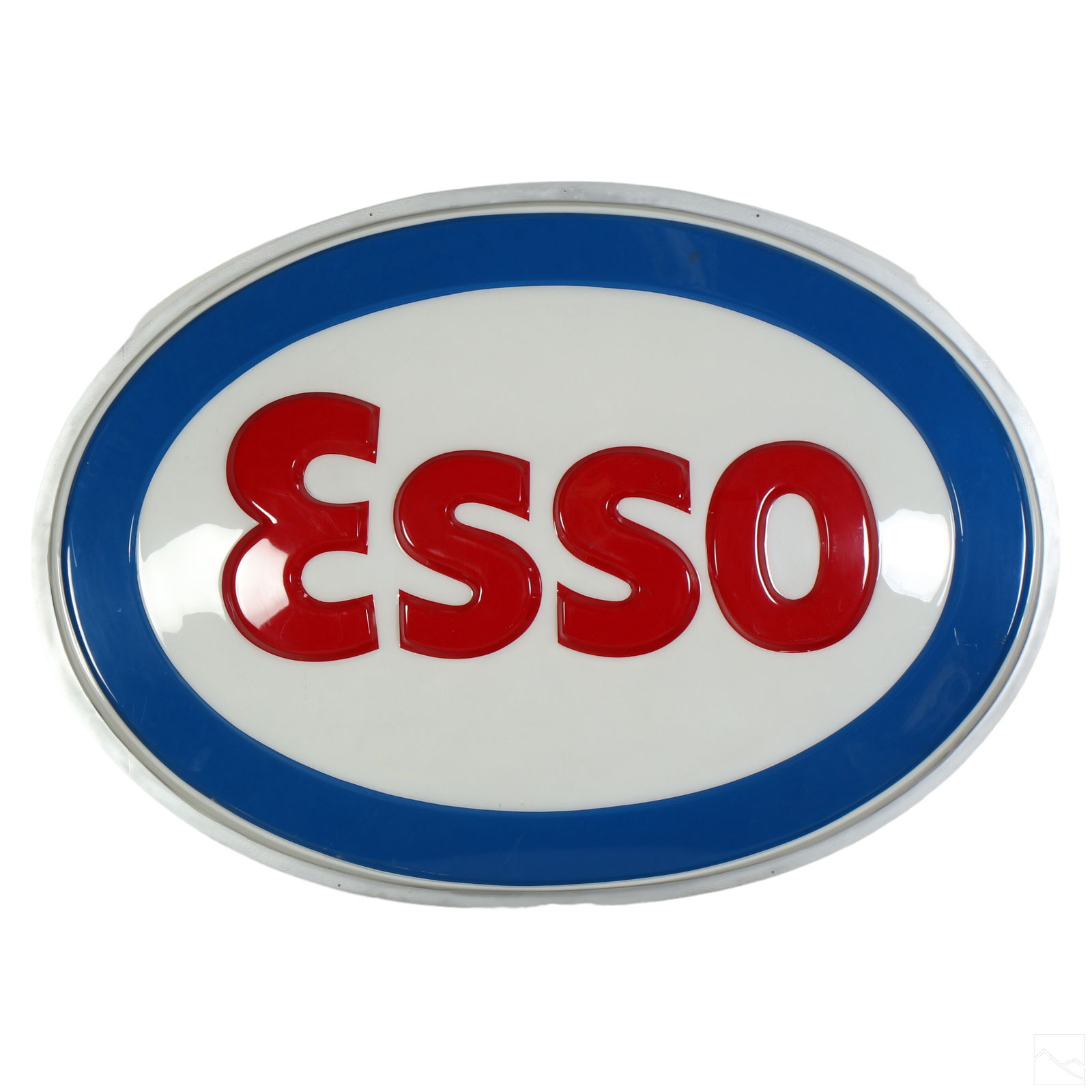 Oversized ESSO Gas Station 6x8ft. Advertising Sign: An genuine 20th Century ESSO gas station advertising sign. This lot features an gigantic molded plastic colored badge logo, once lit to draw attention from miles away. A great conversation decor piece