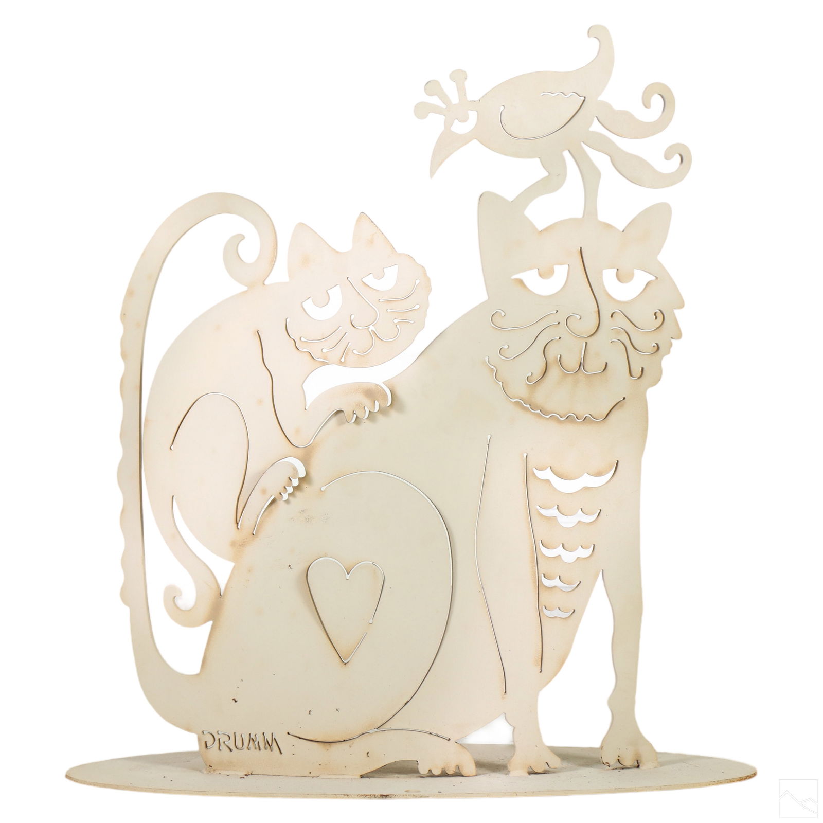 Donald Drumm b.1935 Steel Cats and Bird Sculpture: Donald Drumm (American, born 1935). A cut out steel animal sculpture. A whimsical white painted work depicting two cats, with a bird on one of their heads. Pierced detailing with heart form cut into s