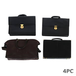 Gucci & Bally Designer Leather Briefcases 4pc. LOT: An estate lot of four (4) designer leather executive briefcases. Includes: one (1) Gucci black lizard skin leather hard briefcase with dual snapping locks flanking the handle, and black lizard and