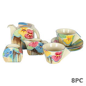 Clarice Cliff Art Pottery Bizarre Pansies 8pc SET (1 of 6)