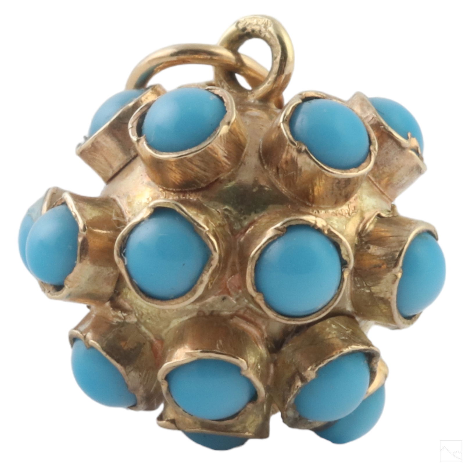 14K Gold & Persian Turquoise Sputnik Jewelry Charm: A retro 14K gold and Persian turquoise Sputnik jewelry charm. Mid Century Modern style Space Age design. Yellow gold accented with 22 bright 1mm pieces of turquoise. Stamped 585 on bale. No apparent s