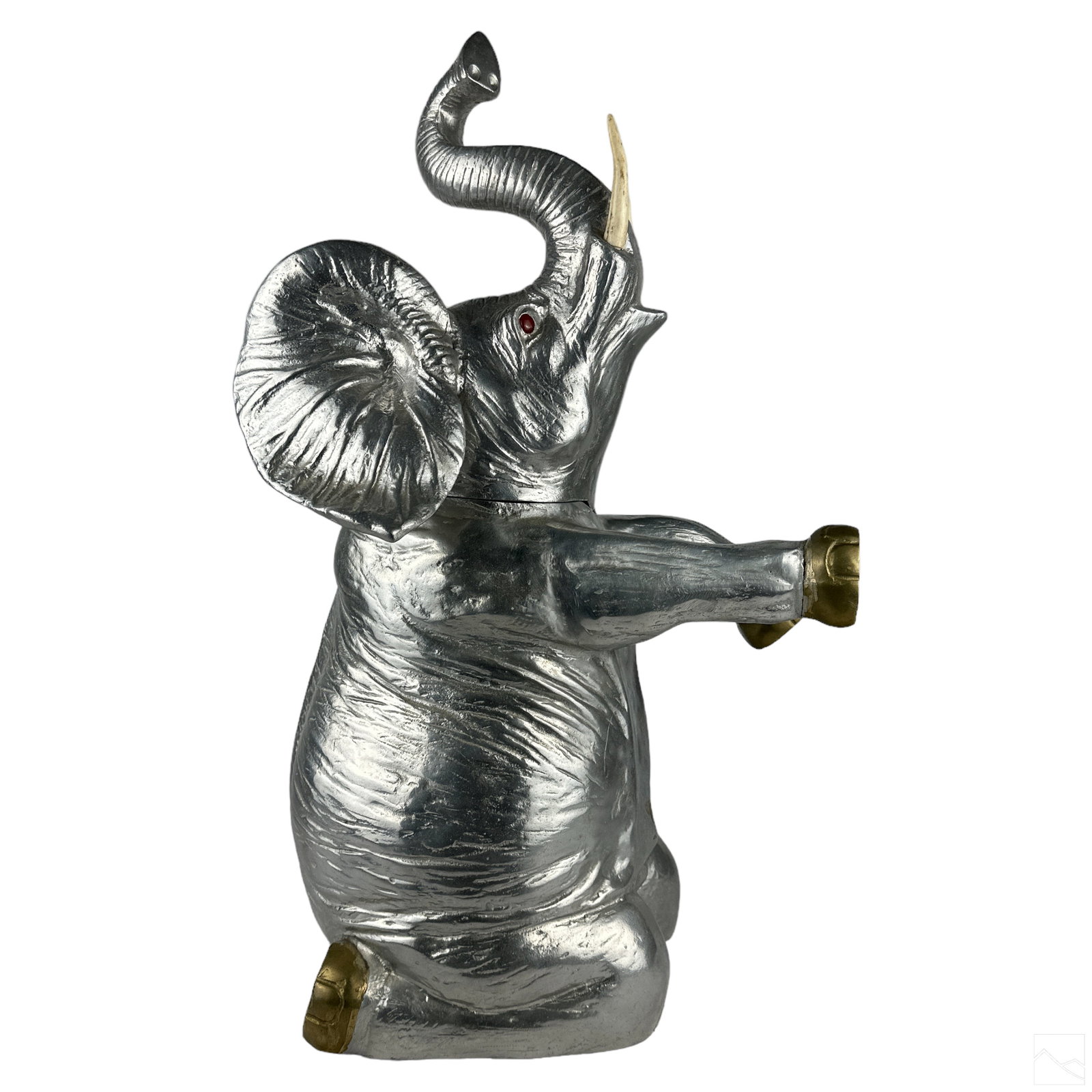 Arthur Court Elephant Champagne Cooler Ice Bucket: Whimsical Arthur Court rabbit ice bucket, or champagne wine cooler. Features a realistically cast and modeled aluminum figure of a kneeling elephant with raised and faux ivory tusk and gemstone eyes, 