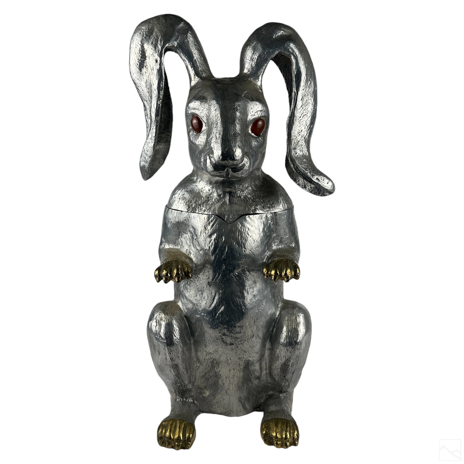 Arthur Court Rabbit Champagne Cooler Ice Bucket: Whimsical Arthur Court rabbit ice bucket, or champagne wine cooler. Features a realistically cast and modeled aluminum figure of a standing floppy eared bunny, with large gemstone eyes, hinged lid, an