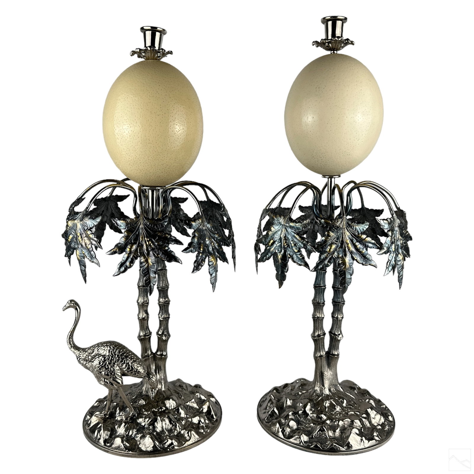Silverplate Pair Palms & Ostrich Egg Candlesticks (1 of 7)