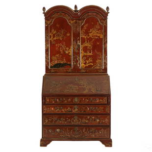 Antique French Chinoiserie Lacquer Secretary Desk: An antique style Queen Anne secretary cabinet. Highlighted in Chinoiserie scenery over a red finish. Two top doors open to 25 small drawers, and compartments, with the lower section having a drop down