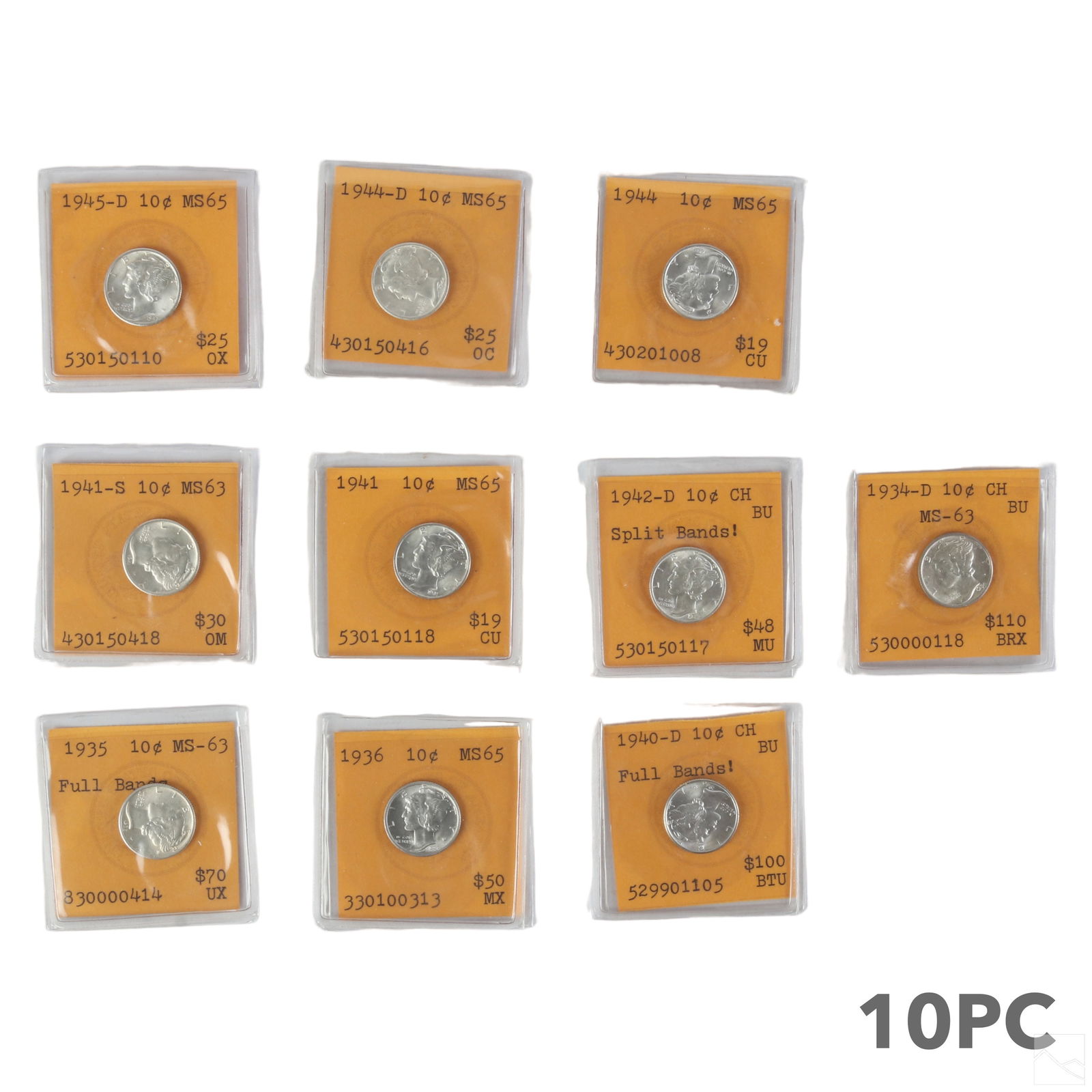 High Grade United States Mercury Dime 10pc. LOT (1 of 2)