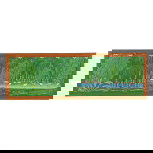Henri Robert Bresil 1952-1999 Haitian Oil Painting: Henri Robert Bresil (Haitian, 1952-1999). An original oil painting on canvas. A Haitian folk art landscape with a profusion of colorful botanical elements, flamingoes and egret birds, and other forms.