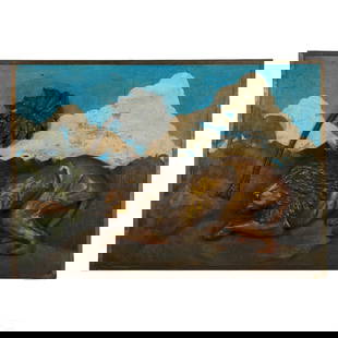 Antique Lion & Jungle Folk Art Landscape Painting: An antique original oil painting on wood board panel. A three dimensional work, possibly produced as part of a larger advertising or decorative wall piece, or architectural element, depicting a large