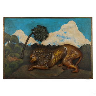 Antique Lion & Jungle Folk Art Landscape Painting: An antique original oil painting on wood board panel. A three dimensional work, possibly produced as part of a larger advertising or decorative wall piece, or architectural element, depicting a large