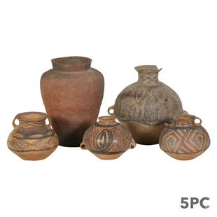 Chinese Neolithic Majiayao Pottery Jars & Vessels: A (5) five piece estate lot of early polychrome Chinese art pottery vessels. Four are hand painted with primitive tribal designs, using pigments of black and red. The larger red clay vessel features a