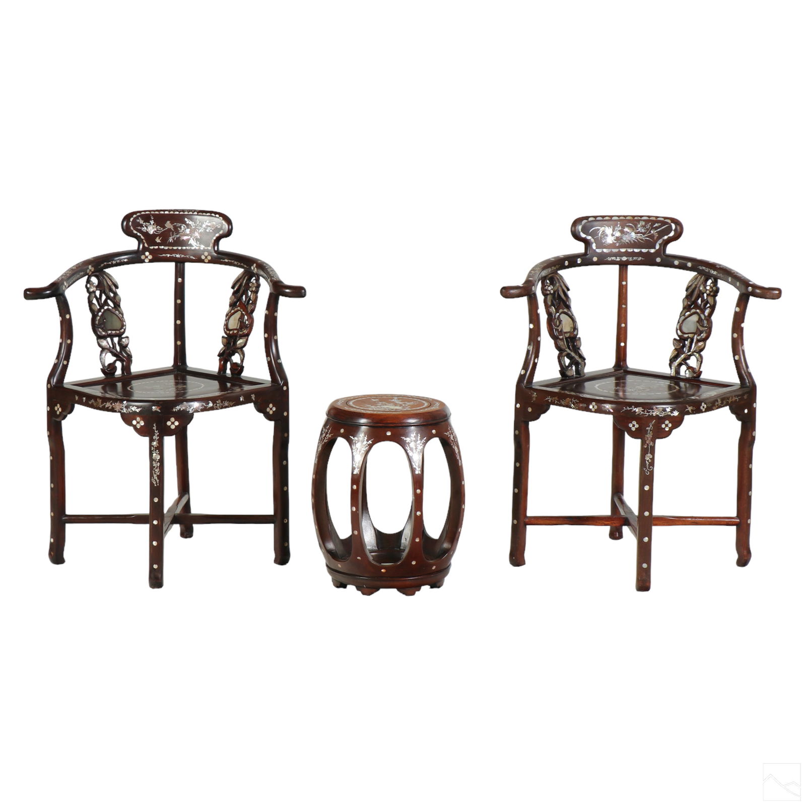 Chinese Export Mother of Pearl Inlay Seating SET: A vintage Chinese Export seating arrangement , two corner chairs and one stool. All hand carved and lacquered hardwood with mother of pearl inlay. Examples feature a profuse amount of flora and fauna