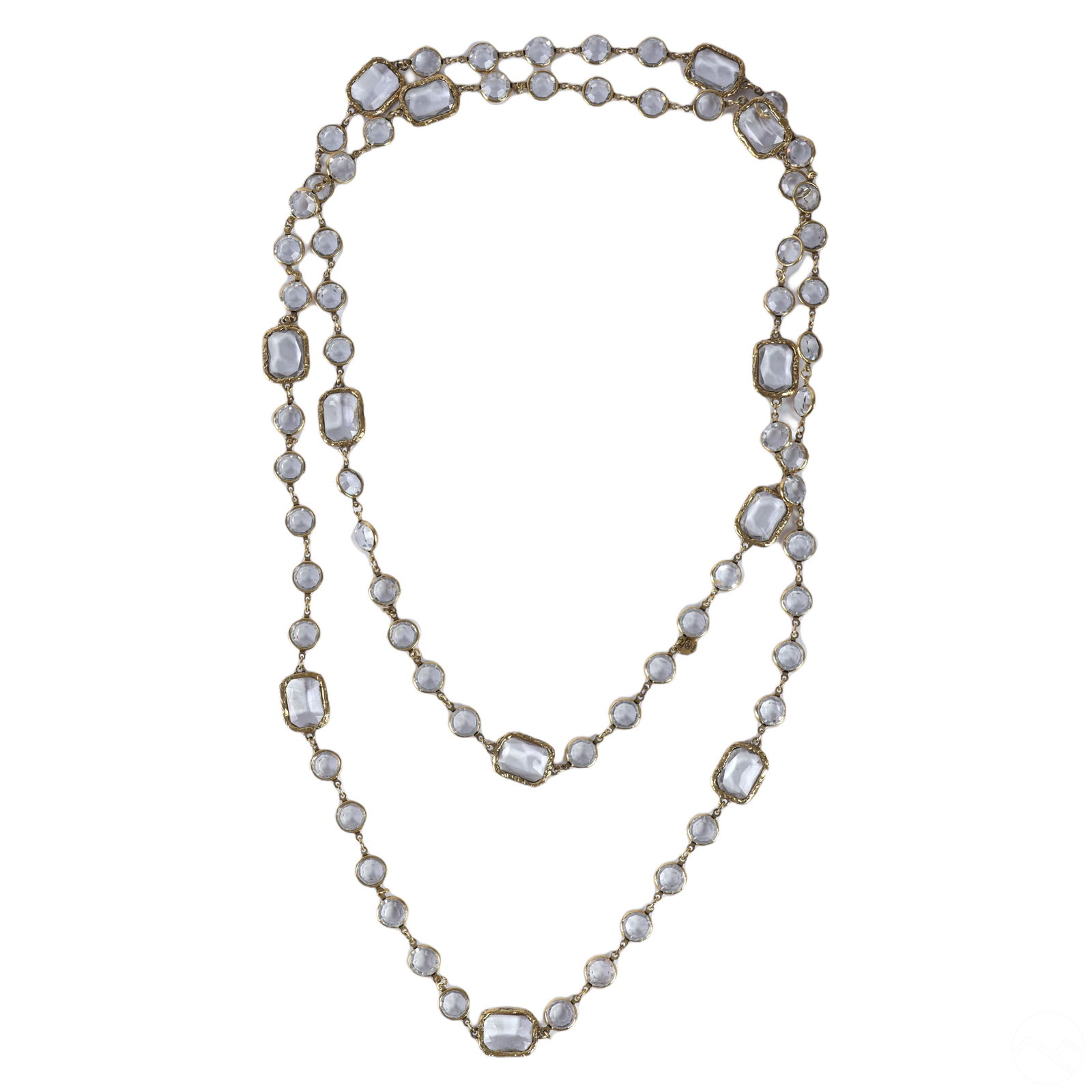 Chanel Couture Crystal Chiclets Sautoir Necklace: Chanel clear crystal Chiclets sautoir necklace. Clear faceted rectangle and circle cut crystal sautoir edged in gold tone metal fittings and chain. Signed with round tag marked CHANEL 1981. Total leng