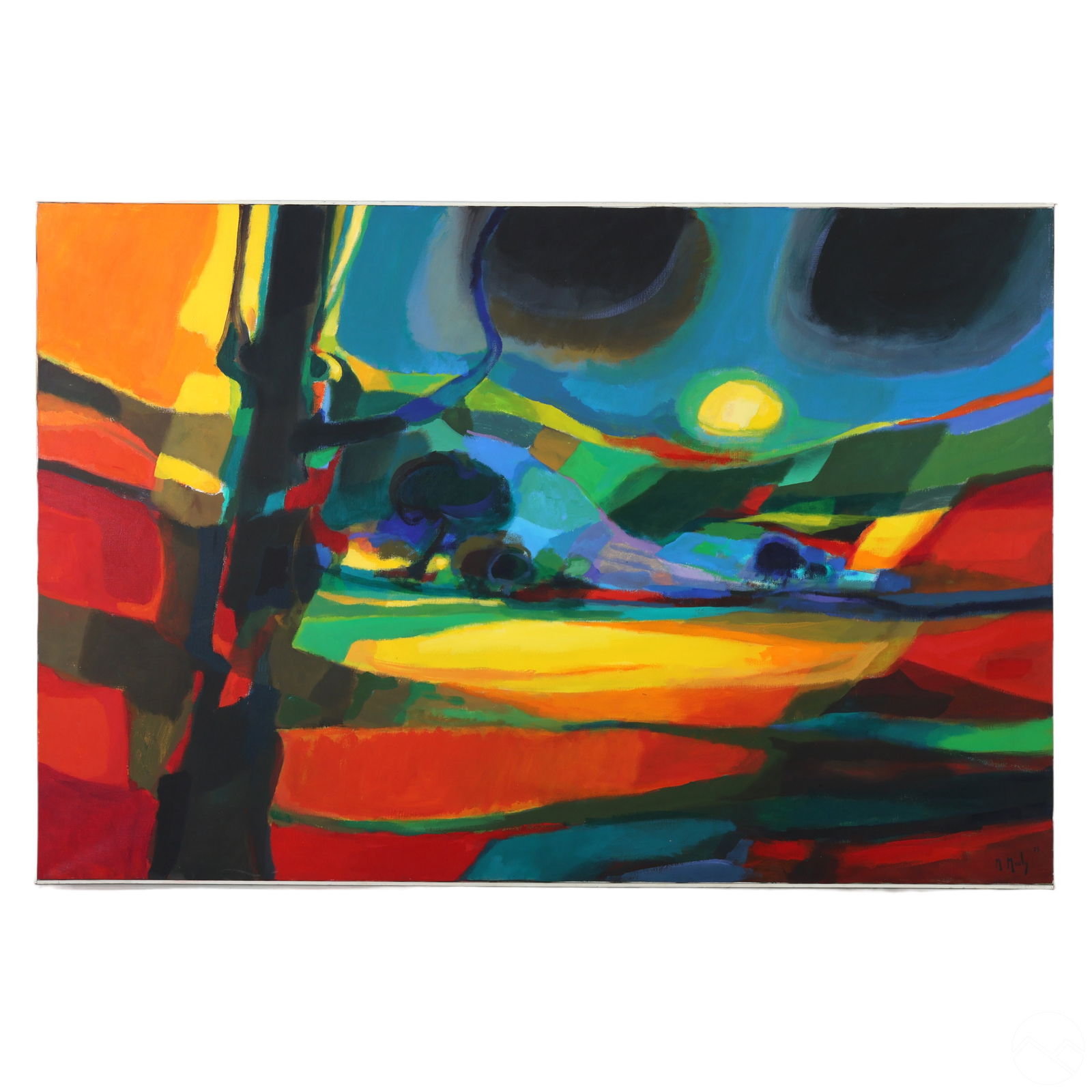 Marcel Mouly 1918-2008 Fauvist Landscape Painting: Marcel Mouly (French, 1918-2008). An original modernist oil painting on canvas. Depicting a Fauvist landscape, Titled "Le Grand Paysage Grec" Salon d Automne". Artist signed MARCEL MOULY '79 to lower