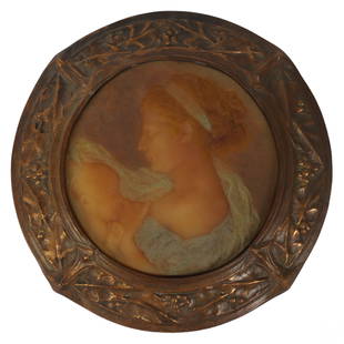 Antique Pate de Verre Glass Relief after H M Chapu: An antique French Art Nouveau pate ve verre art glass plaque. Titled, "The Young Mother.", after Henri Michel Antoine Chapu (French, 1833-1891). A figural relief in amber and green glass featuring a m