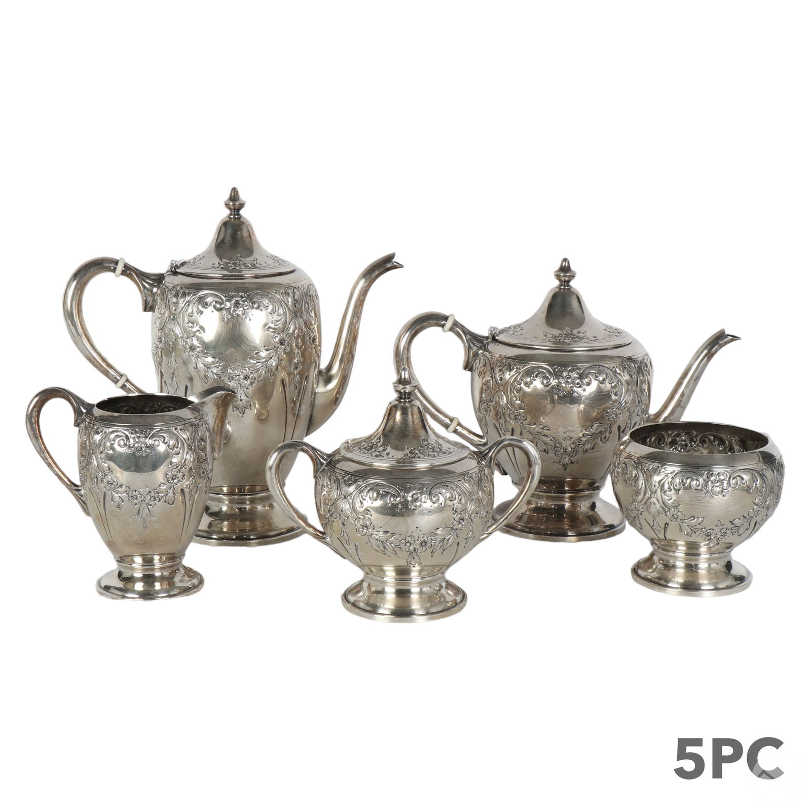 English Chased Sterling Silver 5pc. Tea Set 2,430g (1 of 6)