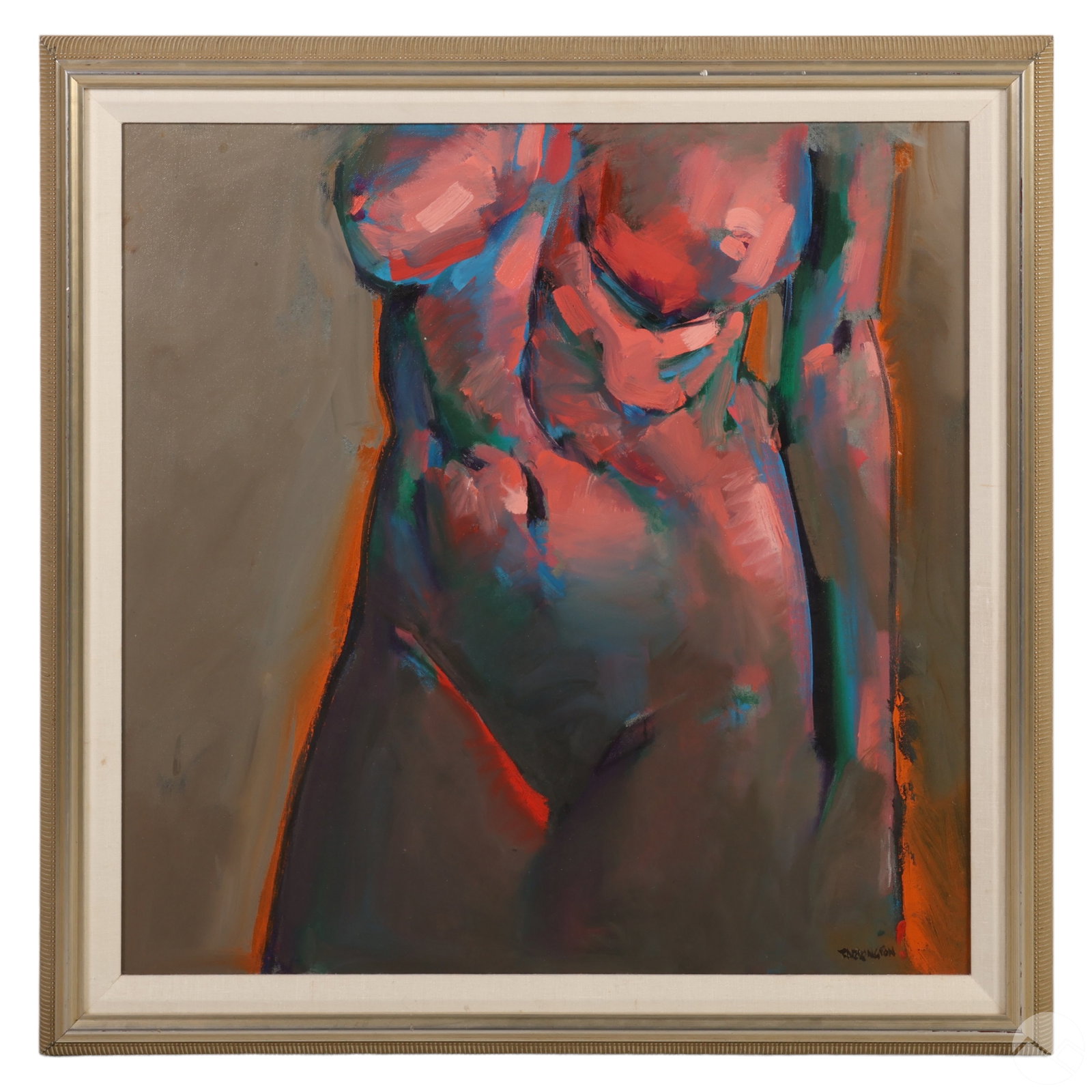 Reed Farrington 1938-2014 Nude Female Oil Painting: Reed Farrington (American, 1938-2014). An original oil painting on canvas. A figural portrait depicting a nude female torso. Artist signed to lower right. Presented with a fabric mat border in a wood 