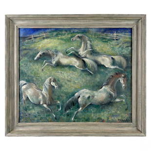 Denes de Holesch 20C Horses Landscape Oil Painting: Denes de Holesch (Hungarian, 1910-1983). An original oil painting on canvas. An equine work depicting wild white horses running in a corral landscape enclosure, with architectural penned fence element