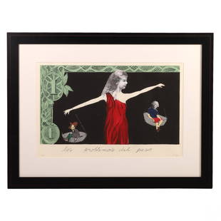 Sandra Ramos b.1969 Cuban Abstract LE Litho SIGNED: Sandra Ramos (Cuban, Born 1969). A limited edition lithograph on paper. Titled, "Los Problemas del Peso." A whimsical allegorical work depicting female figure with scales, balancing an abstract George