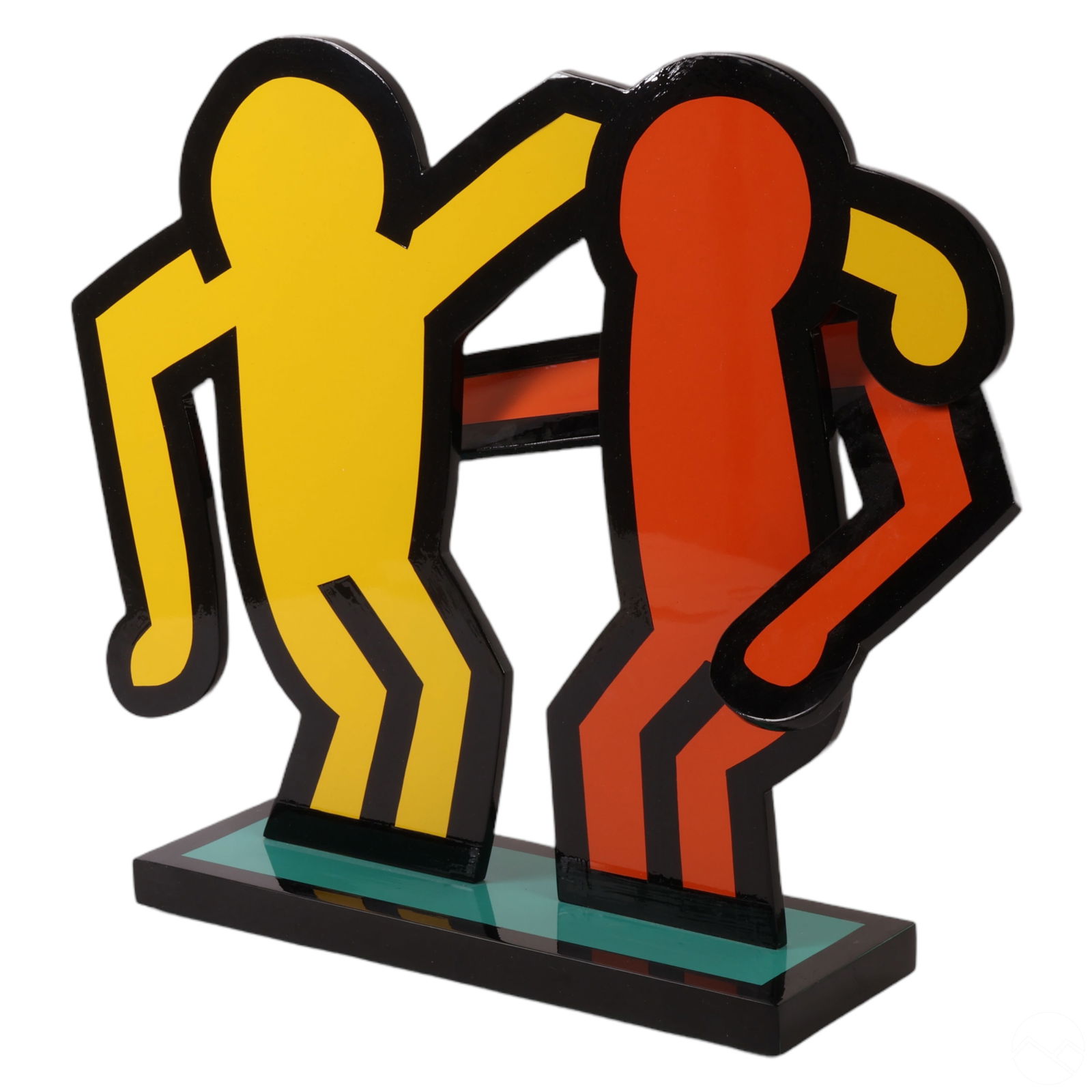 Best Buddies Pop Art Sculpture after Keith Haring: An enameled metal art statue after Keith Haring (American, 1958-1990). Titled, "Best Buddies". The original was produced in 1989 as a service organization logo. Features two figures embracing, in Hari