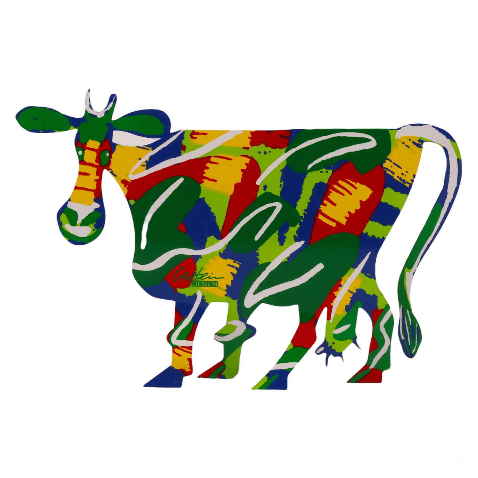 David Gerstein b.1944 Pop Art Metal Cow Sculpture: David Gerstein (Dudu Gerstein) (Israeli, born 1944). A whimsical art statue. A free standing cutout work featuring a colorful abstract cow. Signed GERSTEIN DESIGN to opposing sides. Dimensions: 7.75 X