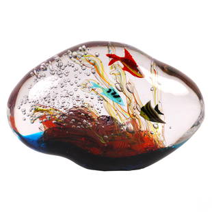 Murano Italian Studio Art Glass Aquarium Sculpture: A Murano Venetian studio art glass aquarium sculpture produced in the style of Elio Raffaeli and Roberto Maria Cammozzo. A colorful oblong glass fish tank bowl with encased bubbles, marine sea life fi