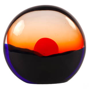 Murano Raffaeli & Cammozzo Italian Glass Sculpture: A Murano Venetian studio art glass sculpture. Designed by Elio Raffaeli and Robert Cammozzo Oggetti, circa 1980s. A sommerso work with a celestial aesthetic featuring the sun setting into the horizon.