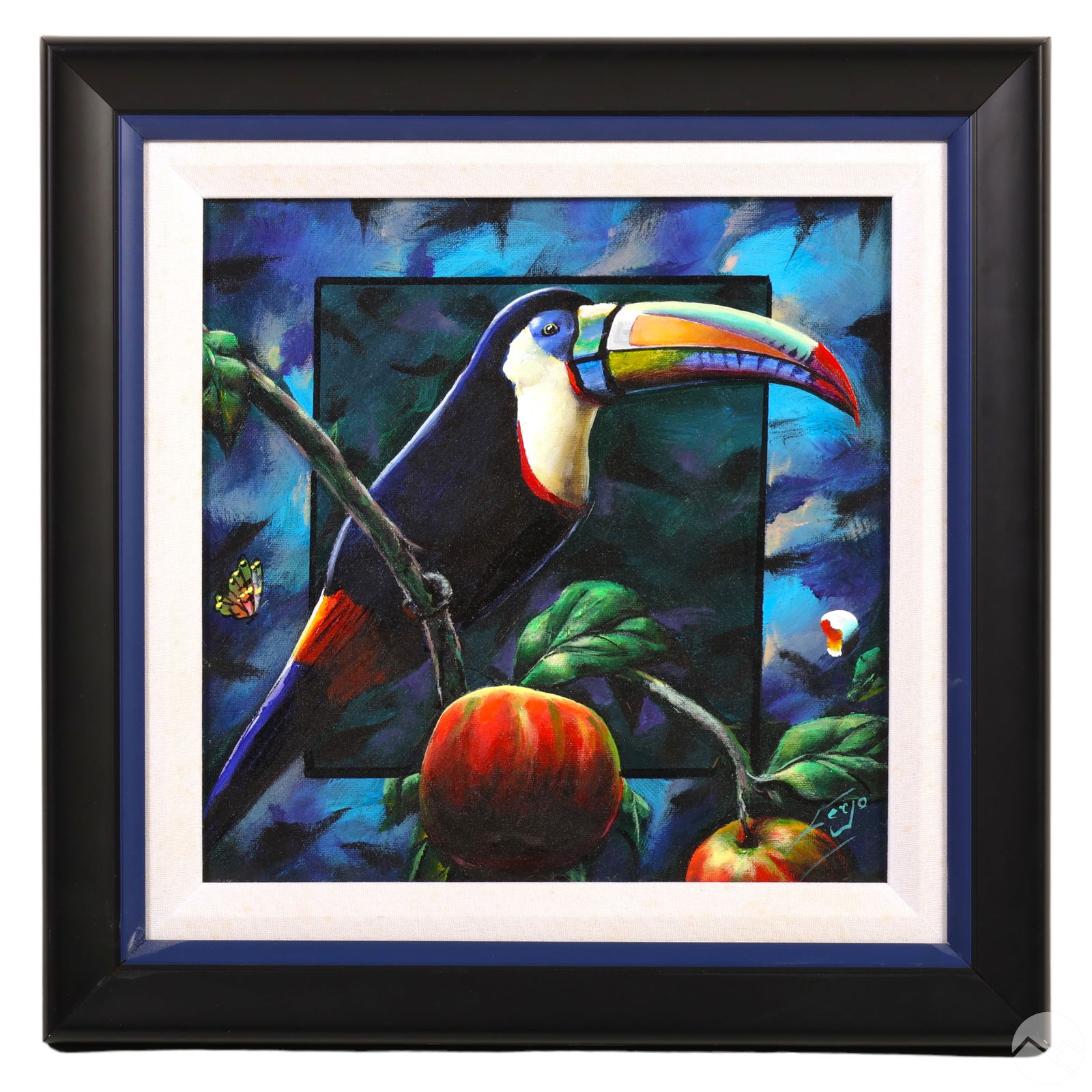 Ferjo b.1946 Toucan in Paradise Oil Painting w COA: Fernando De Jesus Oliveira (Ferjo) (Brazilian, born 1946). An original oil painting on canvas. Titled "Toucan in Paradise". A colorful work, depicting a Toucan bird, perched on an apple tree branch, w