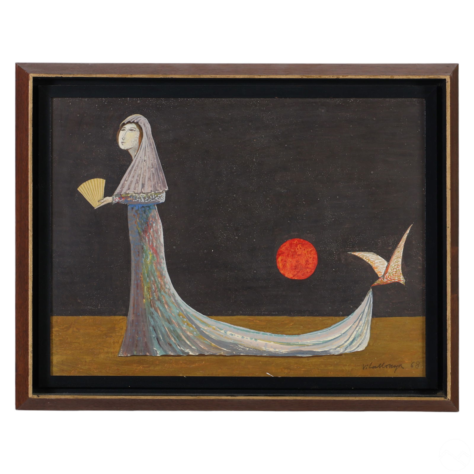 J.C. de Vilallonga 1927-2018 Surreal Oil Painting: Jesus Carles de Vilallonga (Spanish Canadian, 1927-2018). An original painting on board. Titled, "Elle Pause" ("She Paused"). A Surrealist work depicting a female bride walking on the lunar surface wi
