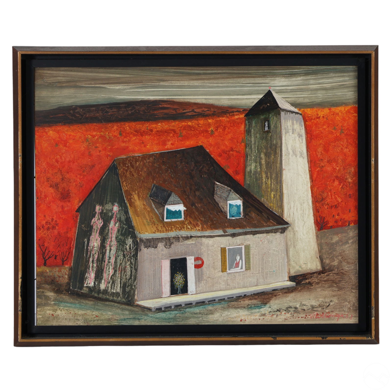 J.C. de Vilallonga 1927-2018 Surreal Oil Painting: Jesus Carles de Vilallonga (Spanish Canadian 1927-2018). An original oil painting on board. Titled, "Automne" ("Autumn"). A Surrealist landscape depicting female figures in the windows of architectura