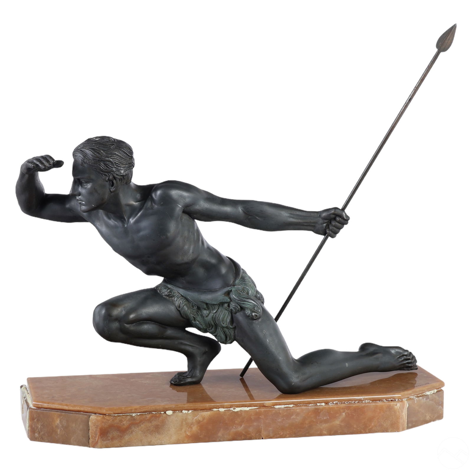 Bronzed Metal Hunter Statue after Jean de Roncourt: A patinated bronzed metal sculpture after Jean de Roncourt (fl. circa 1920s and 1930s). Titled, "The Hunter." A figural Art Deco work featuring a kneeling youthful male figure clad in a fur loin cover