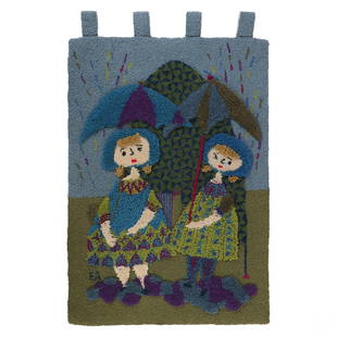 Evelyn Ackerman 1924-2012 Hand Woven Tapestry Rug: Evelyn Ackerman (1924-2012). A designer virgin wool hand hooked woven tapestry rug, produced circa late 20th Century by ERA Industries (Los Angeles). A whimsical figural group depicting female figures