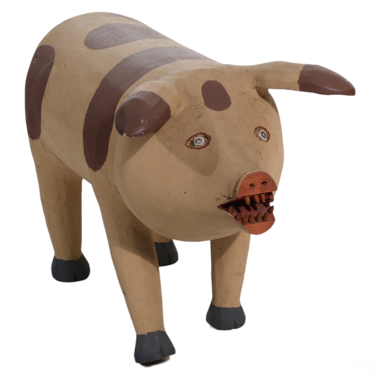 David Alvarez 1953-2010 Wooden Folk Art Pig Statue: David Alvarez (American, 1953-2010). A life sized folk art pig sculpture. Carved from a solid block of wood, hand painted with brown on tan pigment, and embellished with wood teeth. Artist signed to u
