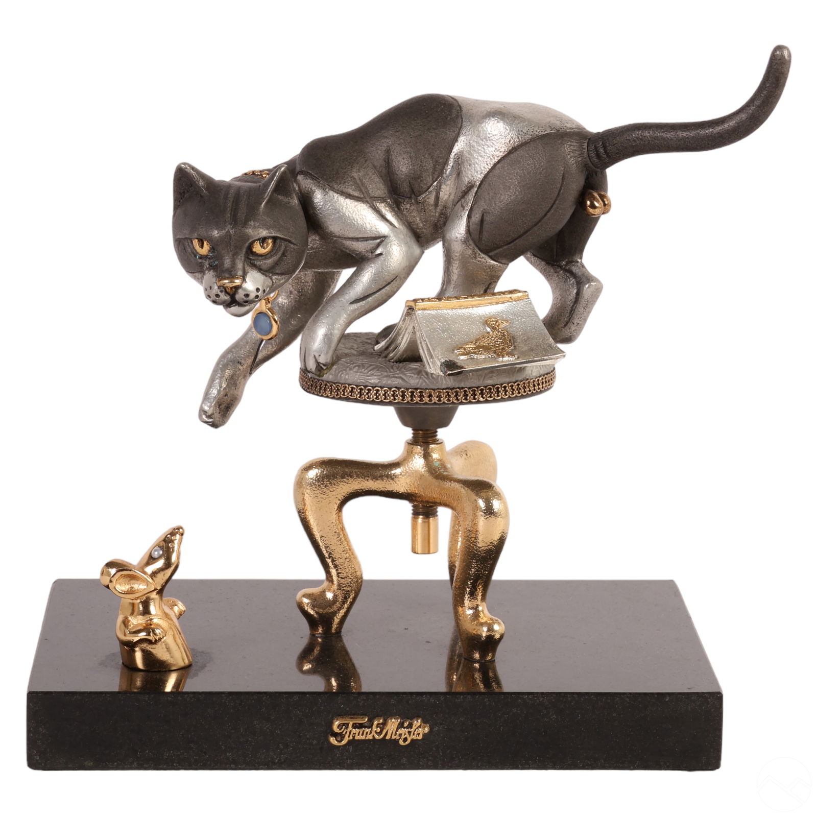 Frank Meisler 1925-2018 Cat and Mouse LE Sculpture: Frank Meisler (Polish Israeli, 1925-2018). A limited edition metal alloy and gold plate mixed metals sculpture. Titled, "Cat and Mouse." Features a whimsical cat on a rotating stool, frightened by rot
