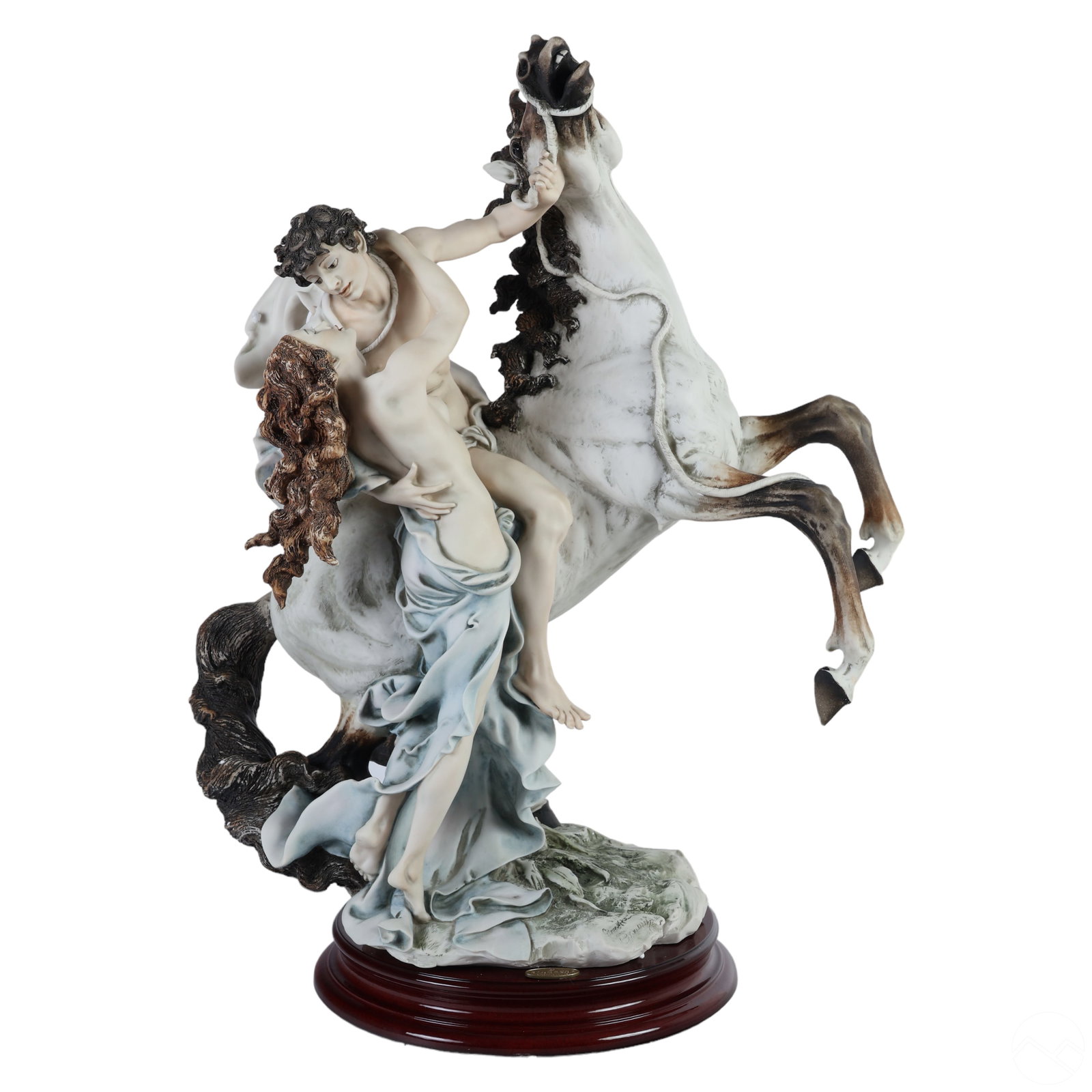 Giuseppe Armani THE EMBRACE 480C Lovers Sculpture: A limited edition Italian Capodimonte style mixed media figurine by Giuseppe Armani (1935-2006). Porcelain composition. Titled, "The Embrace," model number 480C. A figural group features a semi nude m