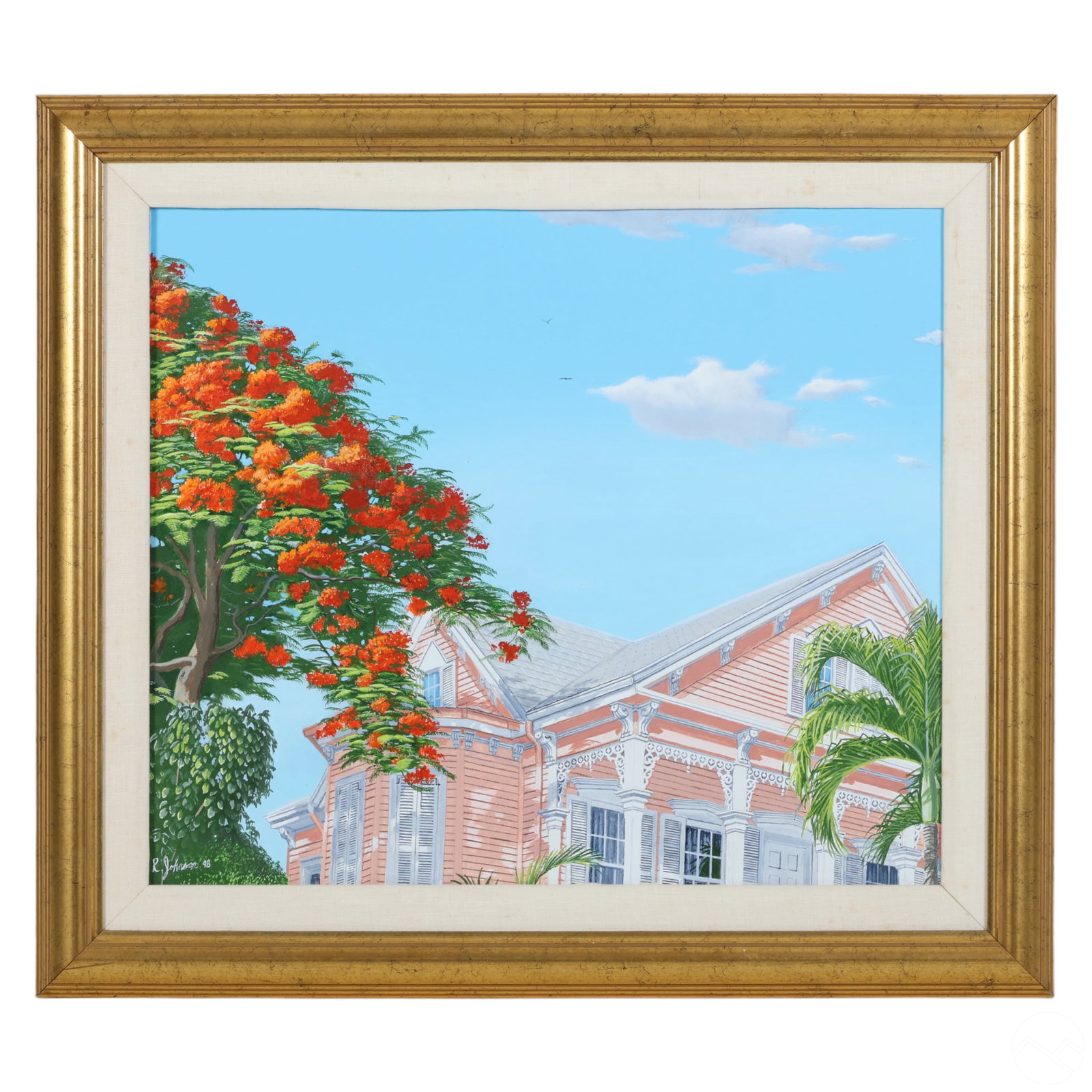 Robert Johnson 20C Florida Keys Landscape Painting: Robert Johnson (American, 20th Century). An original painting on canvas. Titled, "Full Bloom on Elizabeth Street." A Key West, Florida architectural landscape depicting a large pink house with a Royal