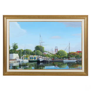 Robert Johnson 20C. Florida Keys Seascape Painting: Robert Johnson (American, 20th Century). An original acrylic painting on canvas. Titled, "Elizabeth and Greene." A Key West, Florida harbor landscape depicting figures, water birds, boats, bicycles, c