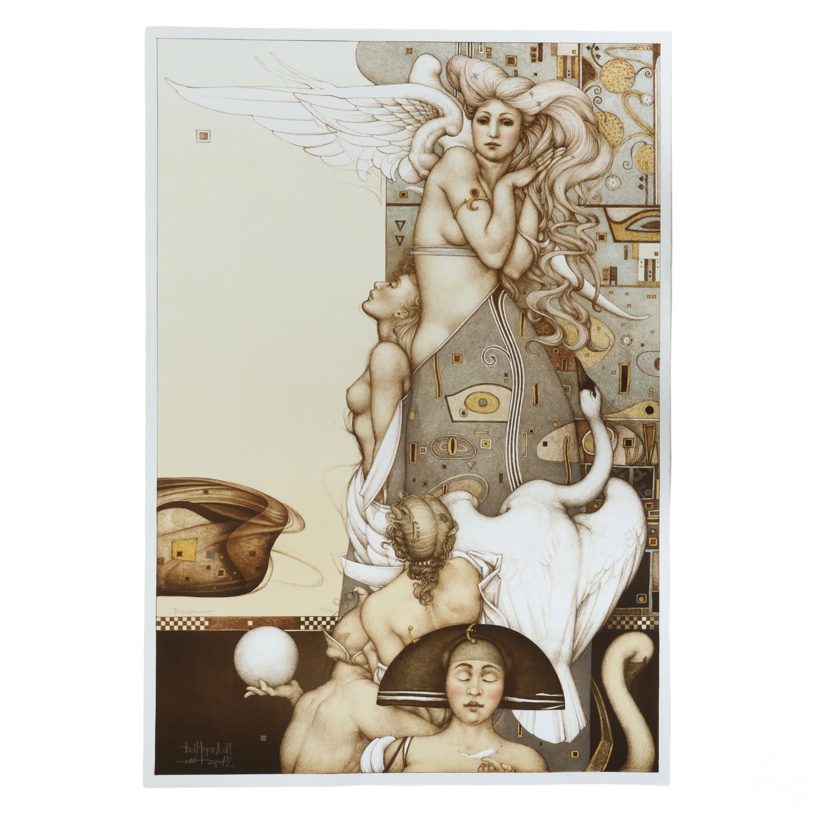 Michael Parkes b.1944 Angel Stops Time Lithograph: Michael Parkes (American, Born 1944). A signed and numbered limited edition Magical Realism color lithograph on paper. Titled "Angel Stops Time". Depicts an angel with a swan. Pencil signed and number