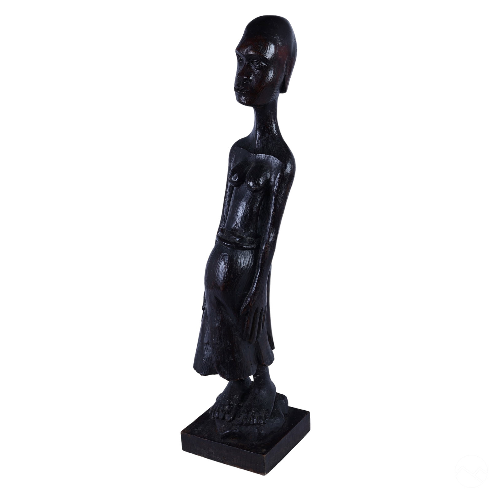 Roger Francois 20C Haitian Folk Art Wood Sculpture: Roger Francois (Haitian, 1928-2013). An original wood sculpture. A folk art work produced in dark lacquered wood, featuring a female figure, possibly a tribal fertility Loa of the Vodou religion. Pres