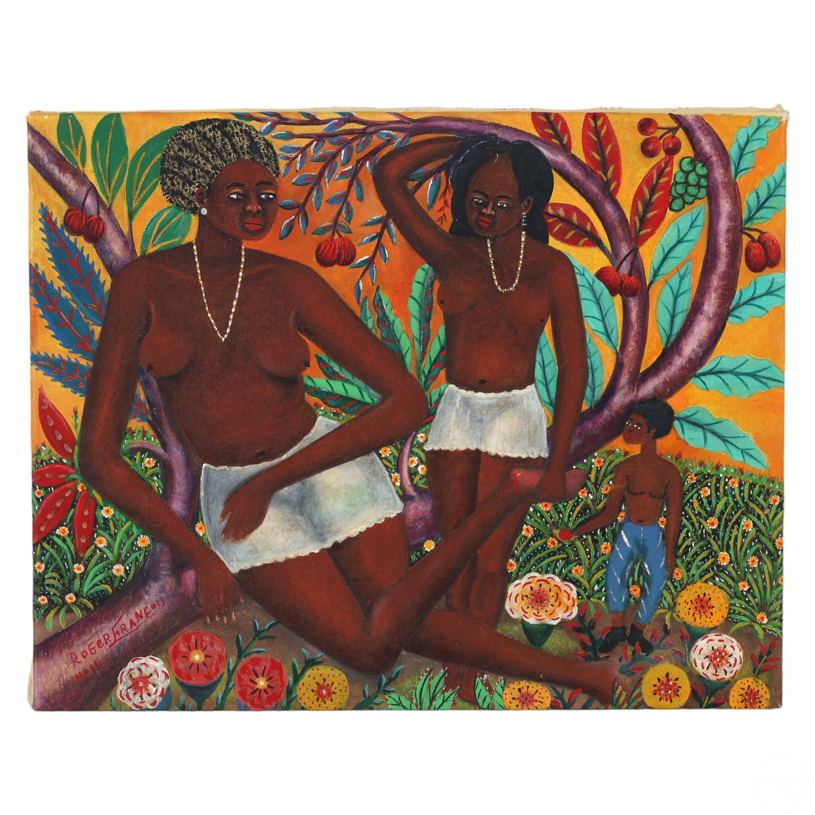 Roger Francois 1928-2013 Haitian Folk Art Painting: Roger Francois (Haitian, 1928-2013). An original painting on canvas. An figural work depicting a semi nude female and male surrounded by a profusion of botanical elements. Artist signed to lower left.
