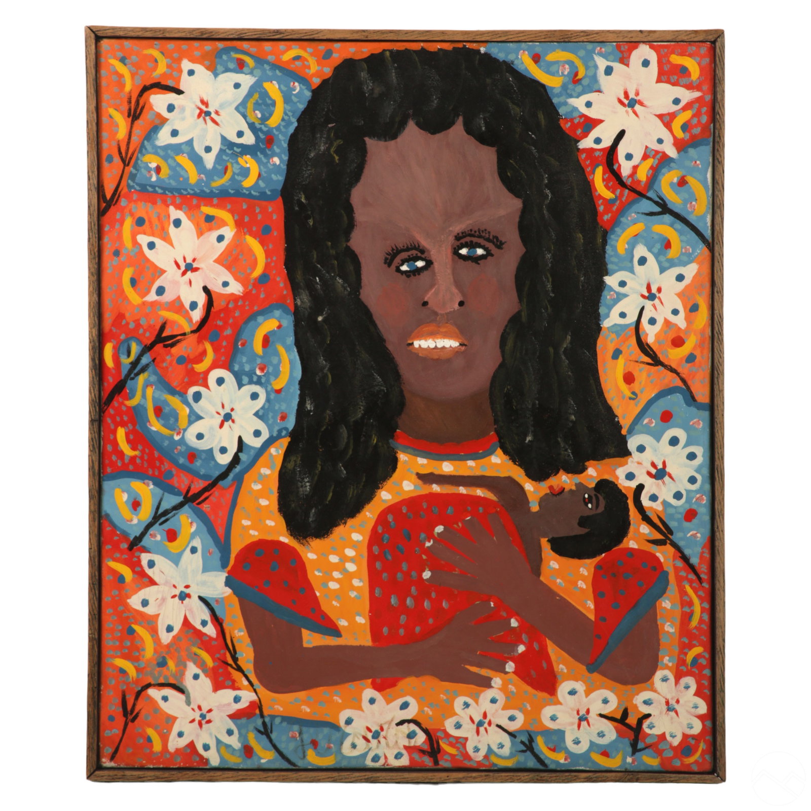 Gerard Fortune b1925 Haitian Portrait Painting: Gerard Fortune (Haitian, born 1925). An original painting on canvas. A figural folk art work depicting a mother and baby surrounded by botanical elements and other forms. Artist signed to bottom. Pres