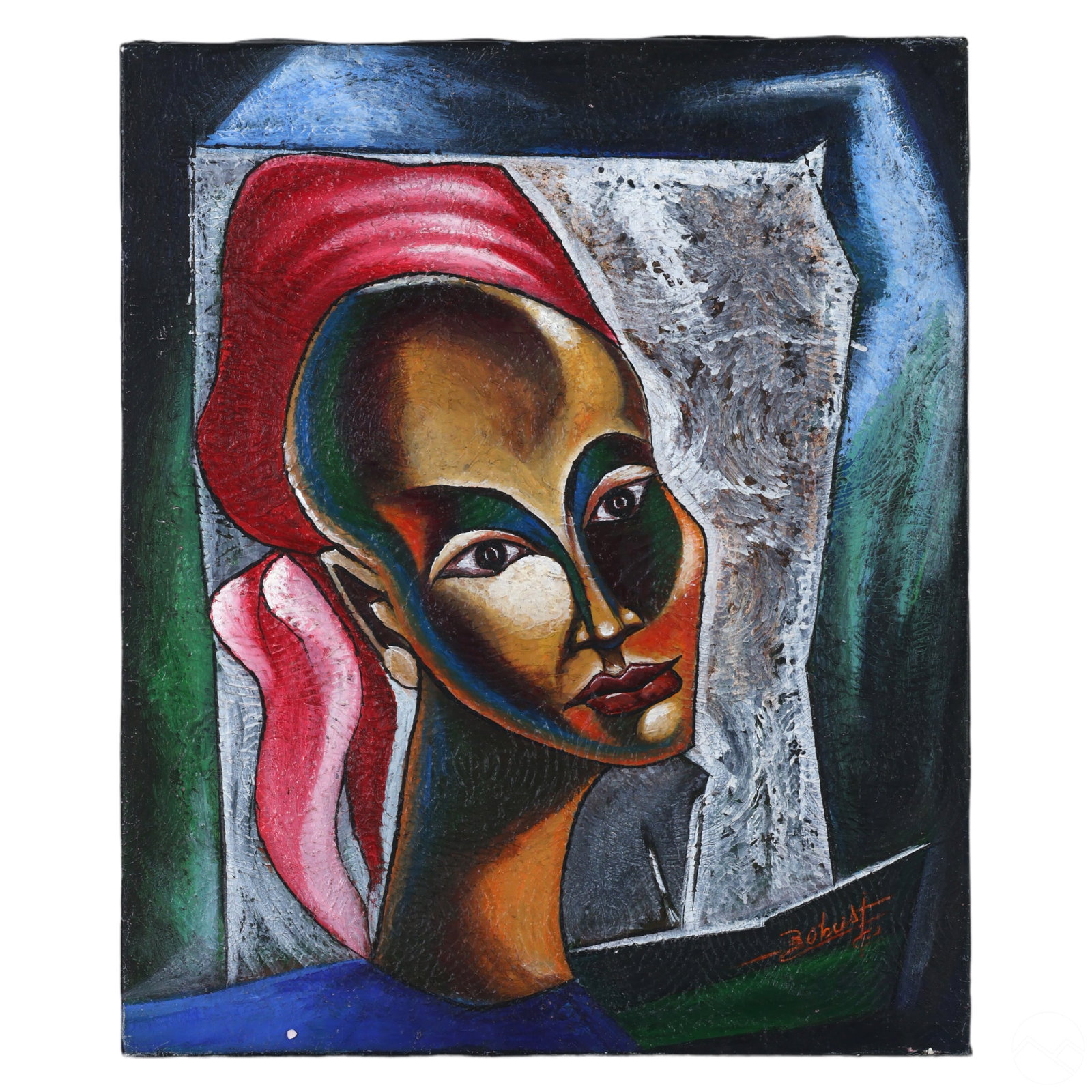 Franck Robuste b.1942 Haitian Portrait Painting: Franck Robuste (Haitian, born 1942). An original painting on canvas. Titled, "F with Head III," produced circa 1997. A figural folk art work depicting an female with other forms. Artist signed and dat