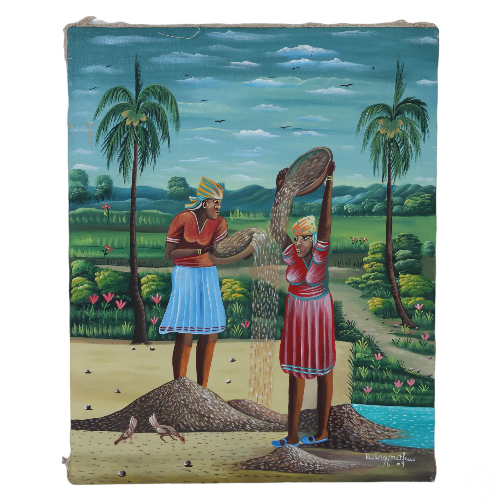 Berny Mathias b.1934 Haitian Landscape Painting: Berny Mathias (Haitian American, born 1934). An original painting on canvas. A figural folk art landscape depicting female farm worker figures, with birds, clouds, botanical elements, and other forms.