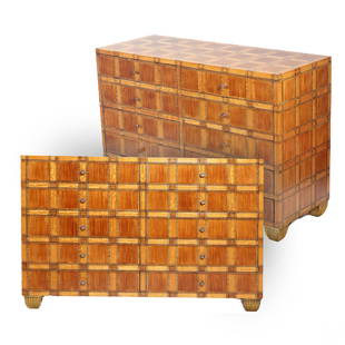 Italian Pair of Marquetry Inlaid Bureau Dressers: A pair of Italian marquetry inlaid Dal Vera style wood dressers and or chest of drawers. A solid wood construction having elaborate geometric marquetry patterns, supported by intricately designed ribb