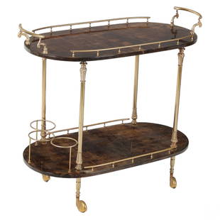 Aldo Tura Italian Goat Skin Liquor Bar Cart SIGNED: An Aldo Tura (1909-1963) Italian tea cart bar trolley. Features a rich brown goatskin under lacquer finish with goldtone hardware and curved acanthus handles. Lower gallery has a matching railing and