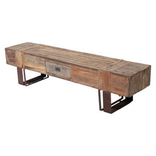 Rustic Modern Farmhouse Wood & Iron Storage Bench: An artisan made barn beam bench, low console and or stand. A modern minimalist design built from reclaimed wood and oxidized steel evoking a country rural appearance, featuring a central storage drawe